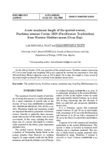 A new maximum length of the spotted weever, Trachinus araneus Cuvier, 1829 (Perciformes: Trachinidae) from Western Mediterranean (Oran Bay) / Lotfi Bensahla-Talet, Ahmed Bensahla-Talet.