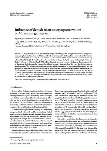 Influence of dehydration on cryopreservation of Musa spp. germplasm / Ergun Kaya, Fernanda Vidigal Duarte Souza, Janay Almeida dos Santos-Serejo, Selin Galatali.