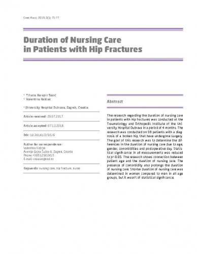 Duration of nursing care in patients with hip fractures / Tihana Harapin Savić, Valentina Košćak.
