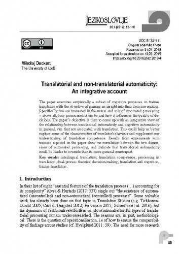 Translatorial and non-translatorial automaticity : an integrative account / Mikołaj Deckert.