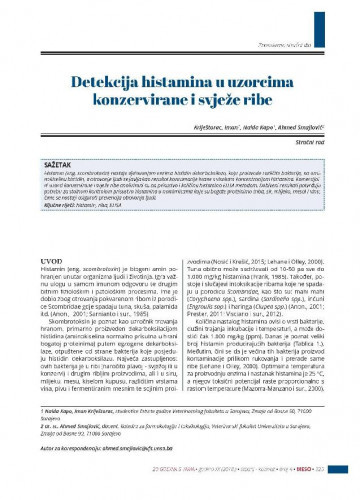 Detekcija histamina u uzorcima konzervirane i svježe ribe   / Iman Kriještorac, Naida Kapo, Ahmed Smajlović.