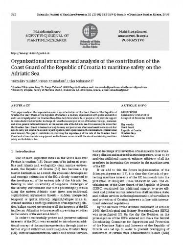 Organisational structure and analysis of the contribution of the Coast Guard of the Republic of Croatia to maritime safety on the Adriatic Sea / Tomislav Sunko, Pavao Komadina, Luka Mihanović.