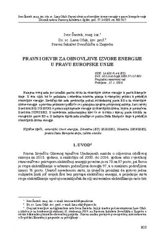 Pravni okvir za obnovljive izvore energije u pravu Europske unije / Ivor Šantek, Lana Ofak.
