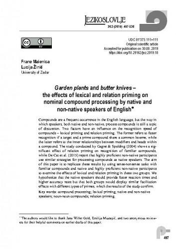 Garden plants and butter knives : the effects of lexical and relation priming on nominal compound processing by native and non-native speakers of English / Frane Malenica, Lucija Žinić.
