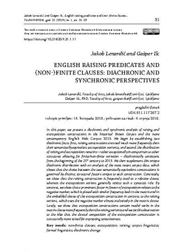 English raising predicates and (non-)finite clauses : diachronic and synchronic perspectives / Jakob Lenardič, Gašper Ilc.