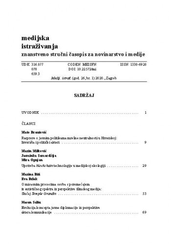 Medijska istraživanja : znanstveno-stručni časopis za novinarstvo i medije = Media research : Croatian journal for journalism and media : 26,1(2020) / glavna urednica, editor-in-chief Nada Zgrabljić Rotar.