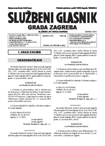 Službeni glasnik grada Zagreba : 66,40(2022)  / glavna urednica Mirjana Lichtner Kristić.