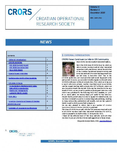 Croatian operational research society news : 6,1(2020)  / editor Margareta Gardijan Kedžo.
