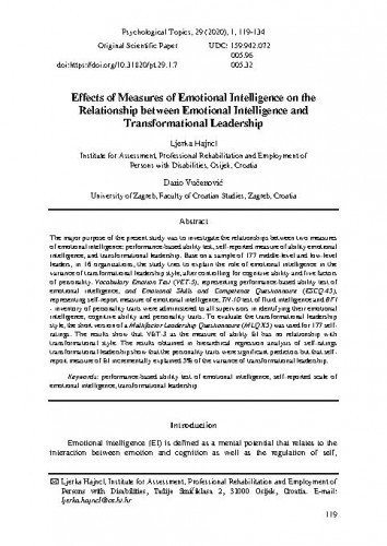 Effects of measures of emotional intelligence on the relationship between emotional intelligence and transformational leadership / Ljerka Hajncl, Dario Vučenović.