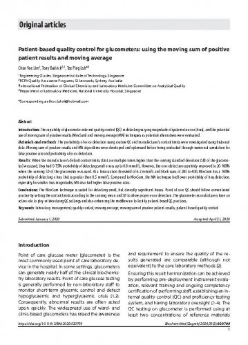 Patient-based quality control for glucometers using the moving sum of positive patient results and moving average / Chun Yee Lim, Tony Badrick, Tze Ping Loh.