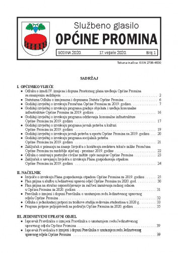 Službeno glasilo Općine Promina : 1(2020) / Josipa Penga, glavna i odgovorna urednica.