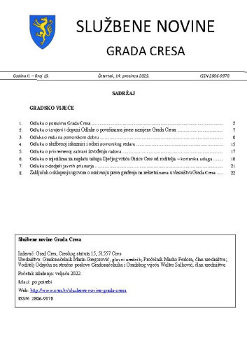 Službene novine Grada Cresa : 2,13(2023)  / Marin Gregorović, glavni urednik.