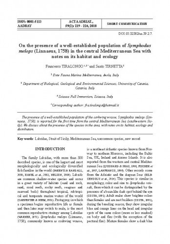 On the presence of a well-established population of Symphodus melops (Linnaeus, 1758) in the central Mediterranean Sea with notes on its habitat and ecology /Francesco Tiralongo, Santo Tirnetta.