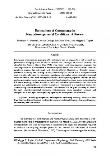 Estimations of competence in neurodevelopmental conditions : a review / Maggie E. Toplak, Jonathan Weiss, Joshua Doidge, Elizabeth A. Wanstall.