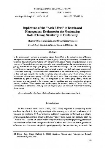 Replication of the "Asch effect" in Bosnia and Herzegovina : evidence for the moderating role of group similarity in conformity / Muamer Ušto, Saša Drače, Nina Hadžiahmetović.