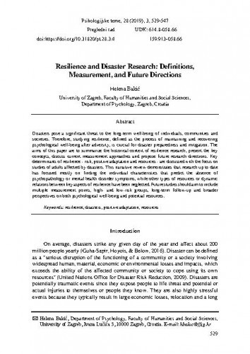 Resilience and disaster research : definitions, measurement, and future directions / Helena Bakić.