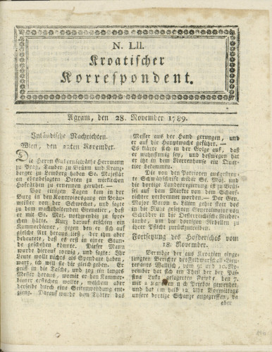 Kroatischer Korrespondent : 1,52(1789)   / [Johann Thomas].