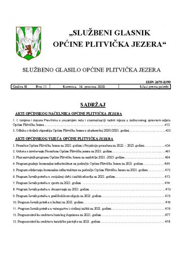 Službeni glasnik Općine Plitvička Jezera : službeno glasilo Općine Plitvička Jezera : 2,11(2020) / glavni i odgovorni urednik Marija Vlašić.