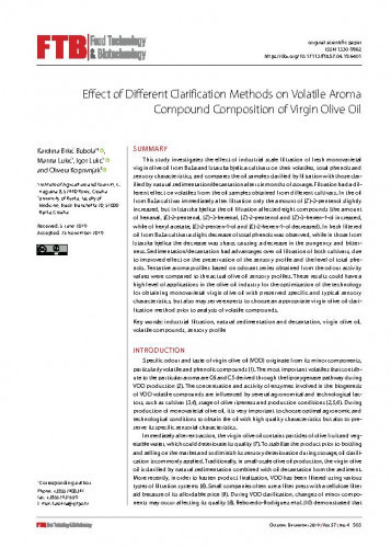 Effect of different clarification methods on volatile aroma compound composition of virgin olive oil / Karolina Brkić Bubola, Marina Lukić, Igor Lukić, Olivera Koprivnjak.