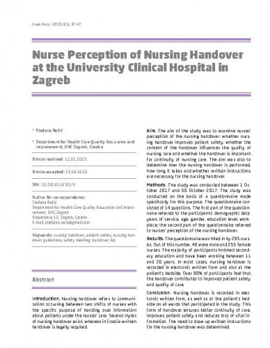 Nurse perception of nursing handover at the University Clinical Hospital in Zagreb / Slađana Režić.