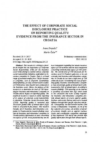 The effect of corporate social disclosure practice on reporting quality : evidence from the insurance sector in Croatia / Ivana Dropulić, Marko Čular.