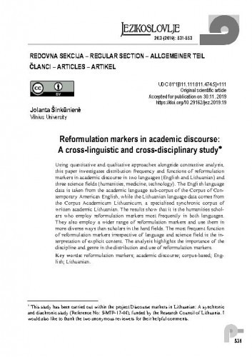 Reformulation markers in academic discourse : a cross-linguistic and cross-disciplinary study / Jolanta Šinkūnienė.