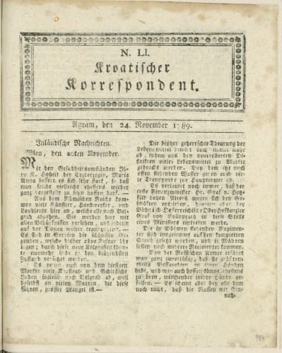 Kroatischer Korrespondent : 1,51(1789)   / [Johann Thomas].