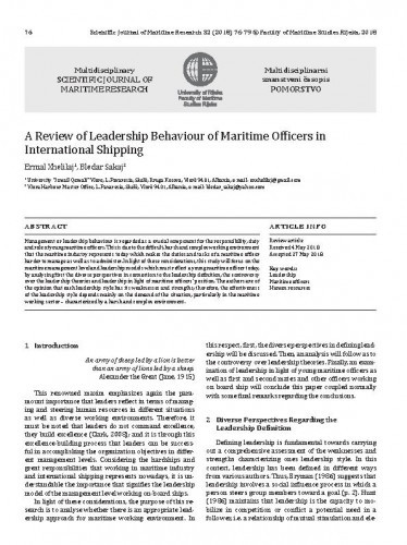 A review of leadership behaviour of maritime officers in international shipping / Ermal Xhelilaj, Bledar Sakaj.