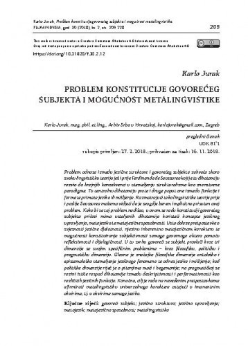 Problem konstitucije govorećeg subjekta i mogućnost metalingvistike /Karlo Jurak.