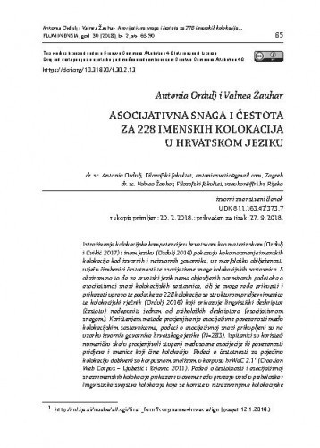 Asocijativna snaga i čestota za 228 imenskih kolokacija u hrvatskom jeziku /Antonia Ordulj, Valnea Žauhar.