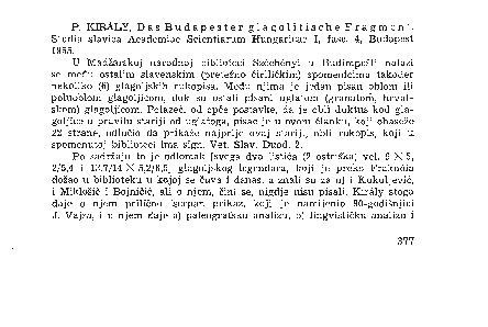 P. Király, Das Budapester glagolitische Fragment : [prikaz] / Josip Hamm
