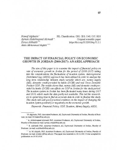 The impact of financial policy on economic growth in Jordan (2000-2017) : an ARDL approach / Nawaf Alghusin, Ayman Abdalmajeed Alsmadi, Esraa Alkhatib, Atala Mohammad Alqtish.