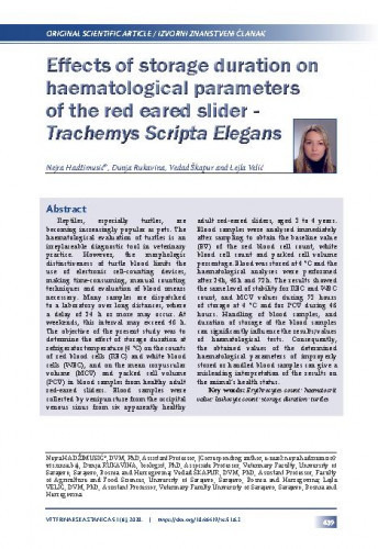 Effects of storage duration on haematological parameters of the red eared slider - Trachemys Scripta Elegans / Nejra Hadžimusić, Dunja Rukavina, Vedad Škapur, Lejla Velić.