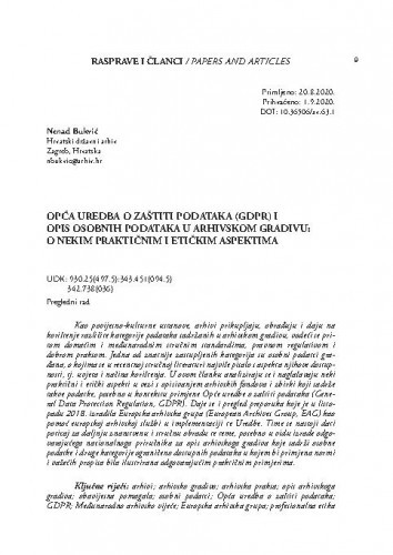 Opća uredba o zaštiti podataka (GDPR) i opis osobnih podataka u arhivskome gradivu : o nekim praktičnim i etičkim aspektima / Nenad Bukvić.