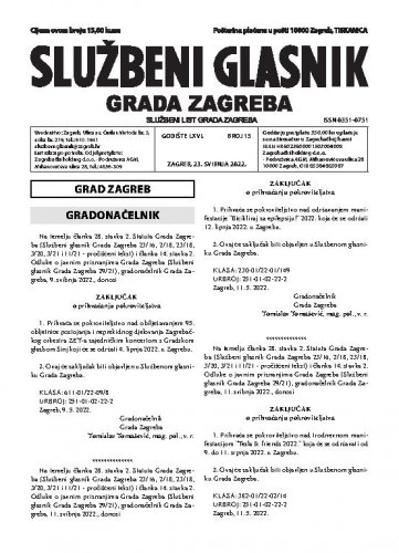 Službeni glasnik grada Zagreba : 66,15(2022) / glavna urednica Mirjana Lichtner Kristić.