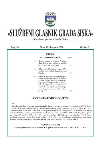Službeni glasnik Grada Siska  : službeno glasilo Grada Siska : 1,20(2022) / uredništvo Gordana Karapandža Prica ... [et al.].