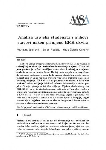 Analiza uspjeha studenata i njihovi stavovi nakon primjene ERR okvira /Marijana Špoljarić, Bojan Radišić, Maja Čuletić Čondrić.
