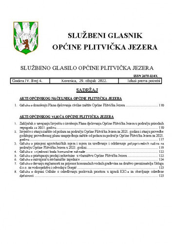 Službeni glasnik Općine Plitvička Jezera : službeno glasilo Općine Plitvička Jezera : 4,4(2022) / glavni i odgovorni urednik Marija Vlašić.