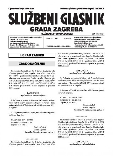 Službeni glasnik grada Zagreba : 65, 30(2021) / glavna urednica Mirjana Lichtner Kristić.