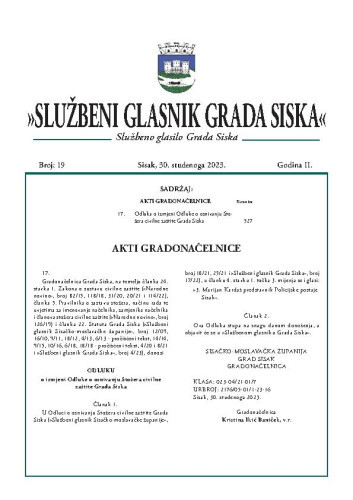 Službeni glasnik Grada Siska  : službeno glasilo Grada Siska : 2,19(2023) / uredništvo Gordana Karapandža Prica ... [et al.].