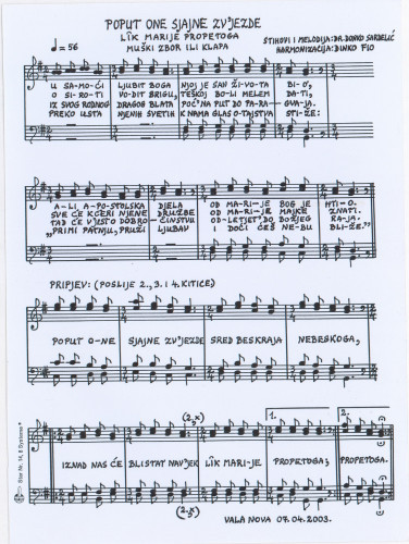 Poput one sjajne zv'jezde : lik Marije Propetoga : muški zbor ili klapa / harmonizacija Dinko Fio ; stihovi i melodija Donko Sardelić.