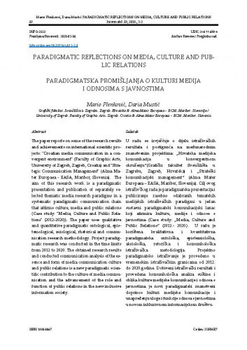 Paradigmatic reflections on media, culture and public relations = Paradigmatska promišljanja o kulturi medija i odnosima s javnostima / Mario Plenković, Daria Mustić.