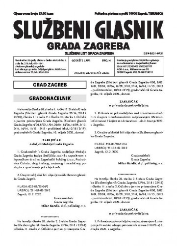 Službeni glasnik grada Zagreba : 64,4(2020) / glavna urednica Mirjana Lichtner Kristić.