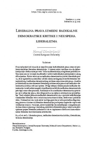 Liberalna prava između radikalne demokratske kritike i neuspeha liberalizma / Nenad Dimitrijević ; preveo s engleskog Jovica Pavlović.
