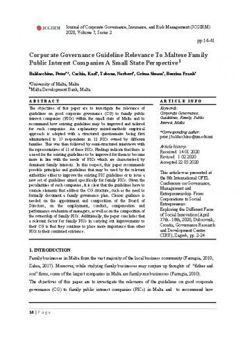 Corporate governance guideline relevance to Maltese family public interest companies a small state perspective / Peter Baldacchino, Karl Cachia, Norbert Tabone, Simon Grima, Frank Bezzina.