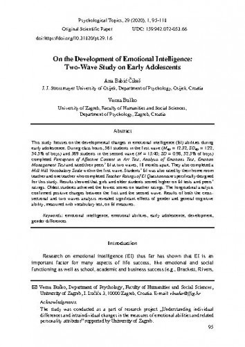 On the development of emotional intelligence : two-wave study on early adolescents / Ana Babić Čikeš, Vesna Buško.