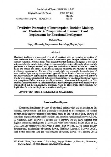 Predictive processing of interoception, decision-making, and allostasis : a computational framework and implications for emotional intelligence / Hideki Ohira.