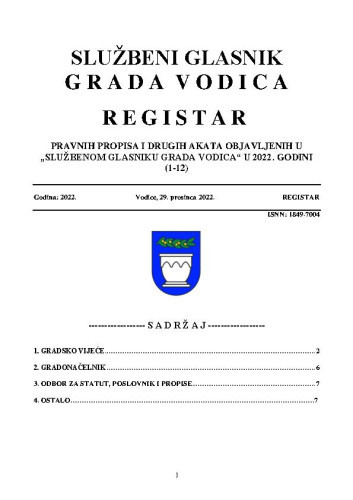 Službeni glasnik Grada Vodica : registar pravnih propisa i drugih akata objavljenih u 2022. godini