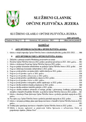 Službeni glasnik Općine Plitvička Jezera : službeno glasilo Općine Plitvička Jezera : 3,12(2021) / glavni i odgovorni urednik Marija Vlašić.