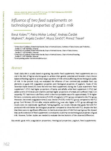 Influence of two feed supplements on technological properties of goat's milk / Borut Kolenc, Petra Mohar Lorbeg, Andreja Čanžek Majhenič, Angela Cividini, Mojca Simčič, Primož Treven.